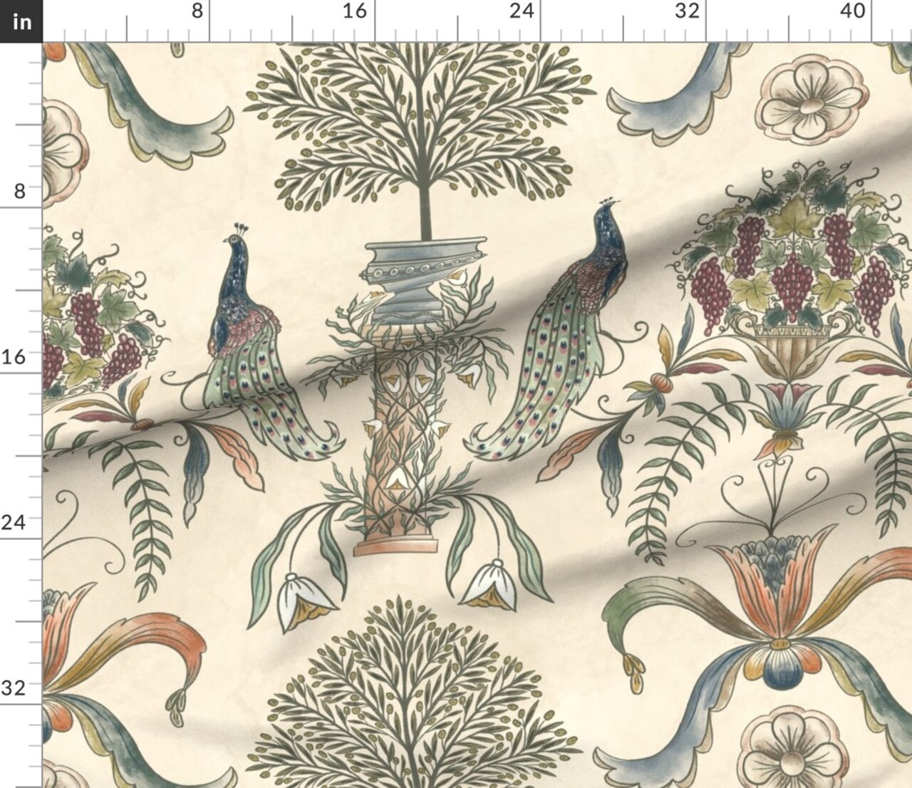 Beige Peacock Classical Italian Olives Fresco Floral Garden Botanical Vineyard Grapes Fruit Large Scale Custom Printed Fabric by Spoonflower Various Fabrics by the Yard or Fat Quarter